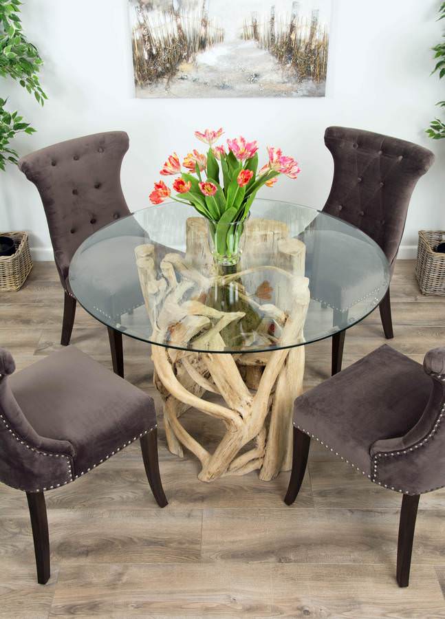 1.2m Java Root Circular Dining Table with 4 or 6 Velveteen Ring Back Dining Chairs Sustainable Furniture