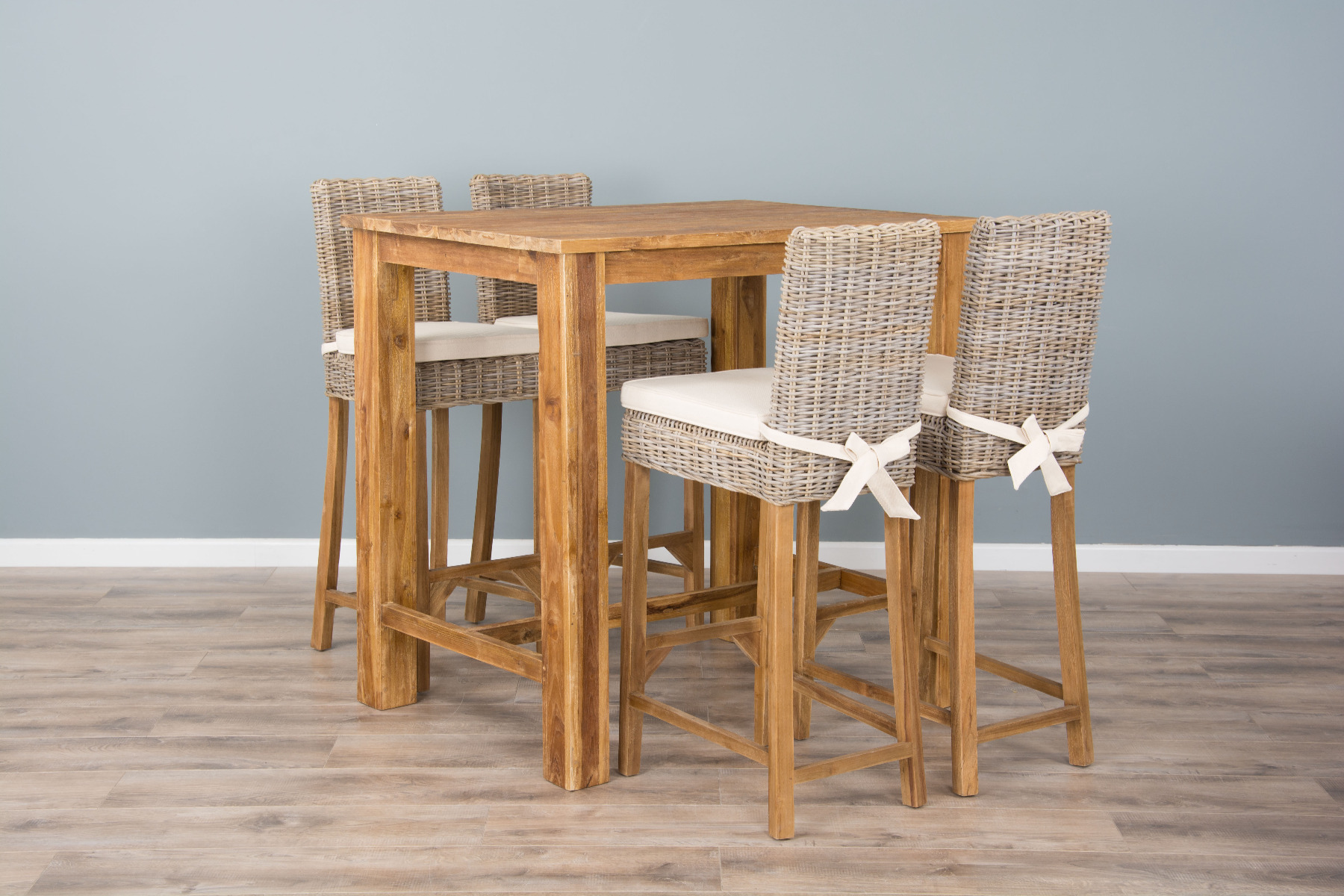 1.2m Reclaimed Teak Rectangular Bar Table with 4 Kubu Wicker Bar Stools