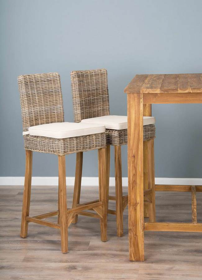 1.2m Reclaimed Teak Rectangular Bar Table with 4 Kubu Wicker Bar Stools