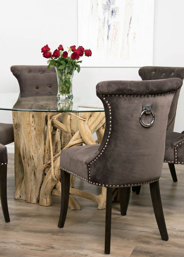 1.5m Java Root Dining Table with 6 Velveteen Ring Back Dining