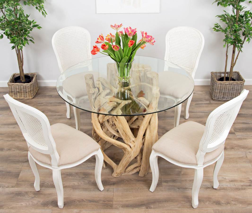 Glass dining table with online tree trunk base