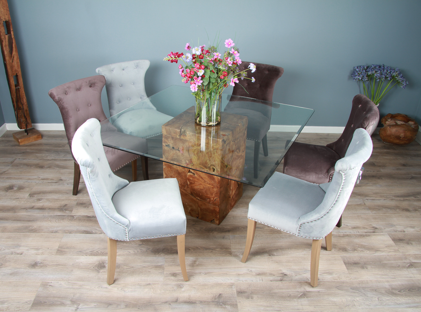 1.4m Reclaimed Teak Root Square Block Dining Table With 6 Windsor