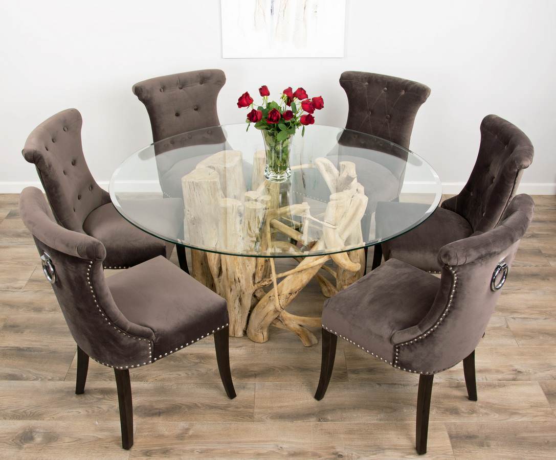 1.5m Java Root Dining Table with 6 Velveteen Ring Back Dining Chairs Sustainable Furniture