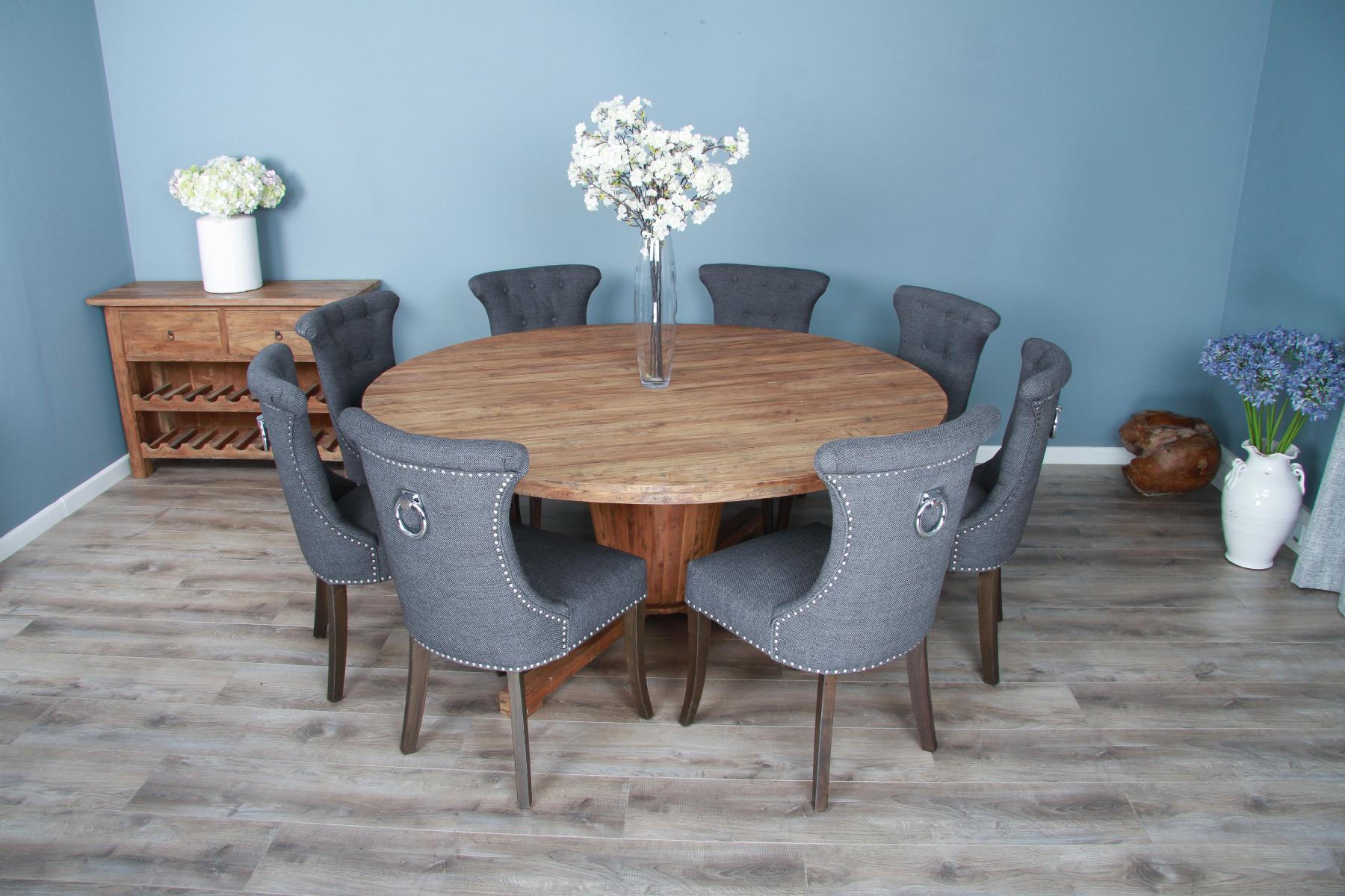 1.8m Reclaimed Teak Circular Character Dining Table with 8 Windsor