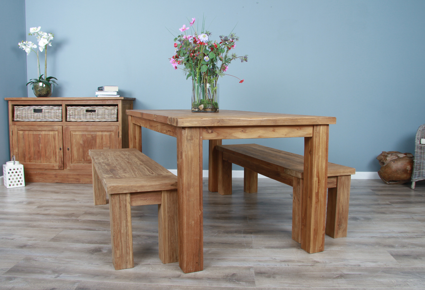 2m Reclaimed Teak Taplock Dining Table with 2 Dining Benches
