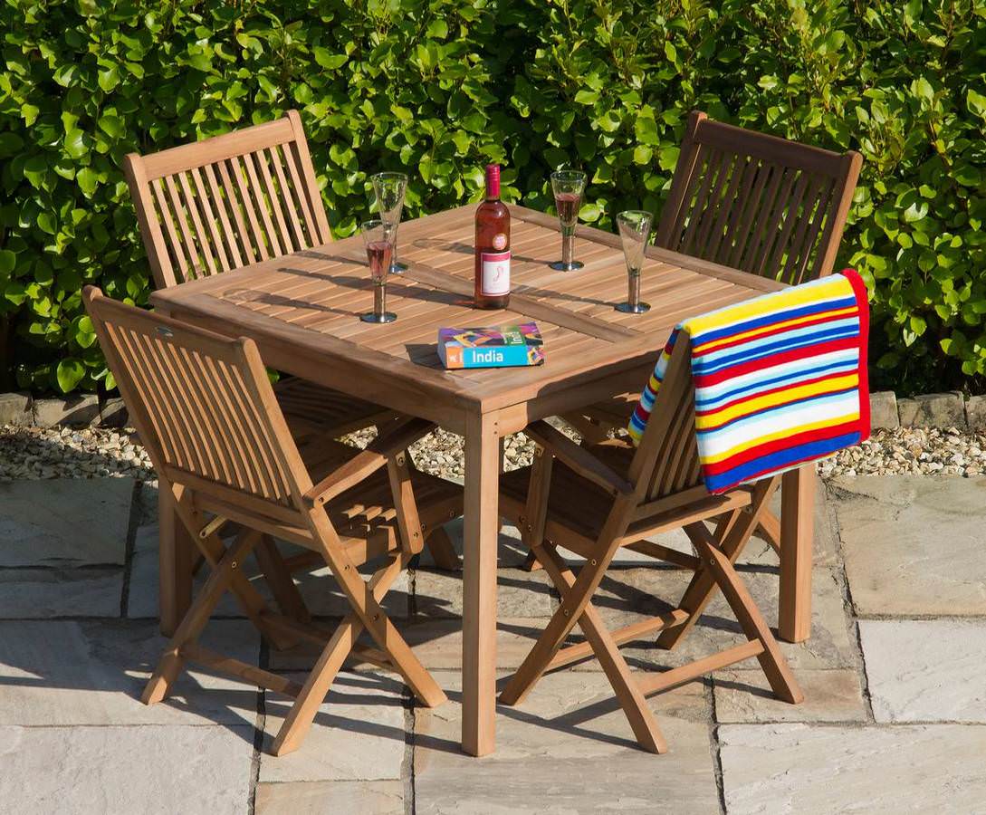 1m Teak Square Fixed Table with 4 Kiffa Folding Armchairs