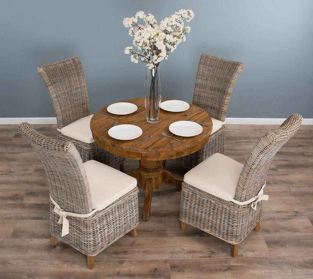 1m Reclaimed Teak Circular Pedestal Dining Table with 4 Latifa Dining Chairs