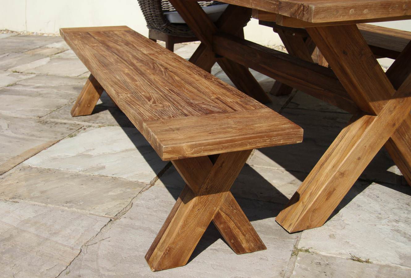 2m Reclaimed Teak Outdoor Open Slatted Cross Leg Backless Bench