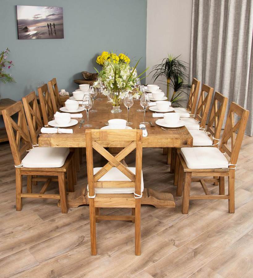 2.4m Reclaimed Elm Pedestal Dining Table with 10 Cross Back Dining
