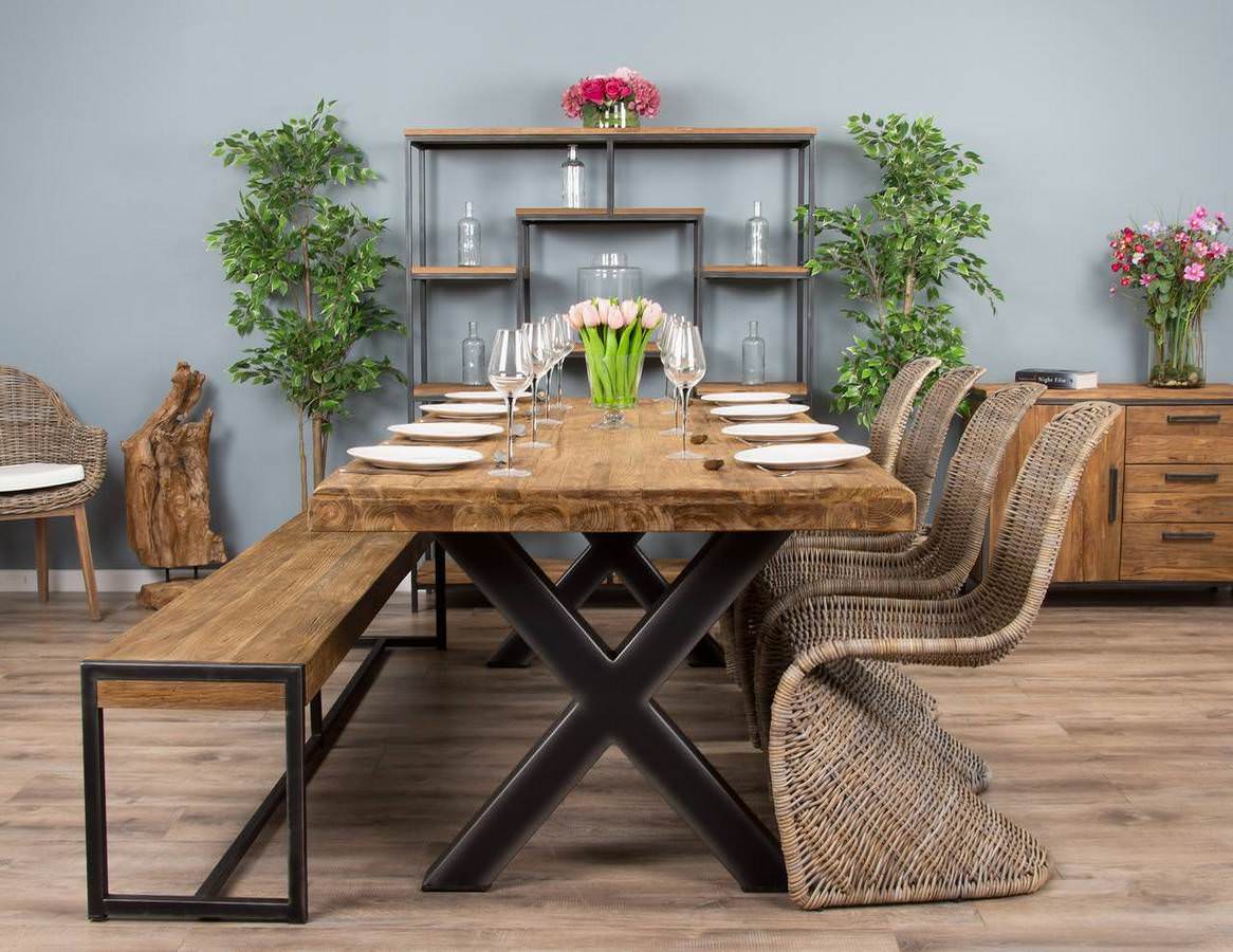 2.4m Reclaimed Teak Urban Fusion Cross Dining Table with One Backless Bench and 4 Stackable Zorro Chairs