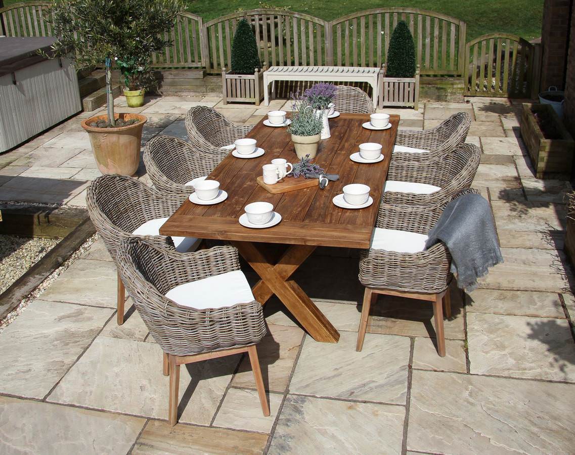2.4m Reclaimed Teak Outdoor Open Slatted Cross Leg Table with 8 Scandi Armchairs