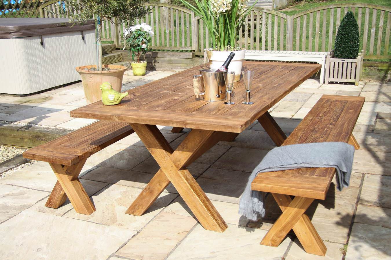 Recycled teak outdoor outlet table