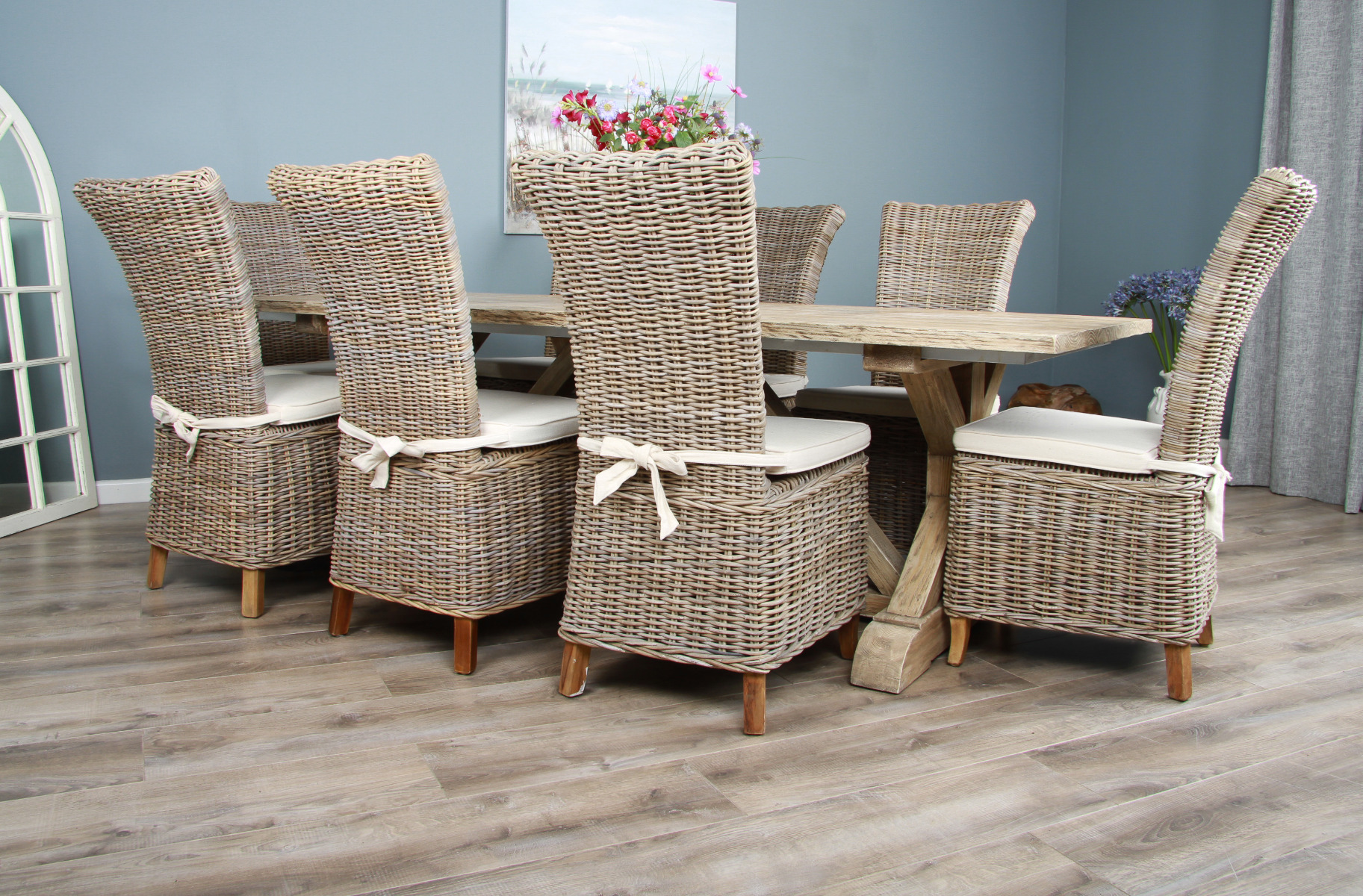 2.4m Reclaimed Pine Cross Dining Table with 8 or 10 Latifa Chairs Sustainable Furniture
