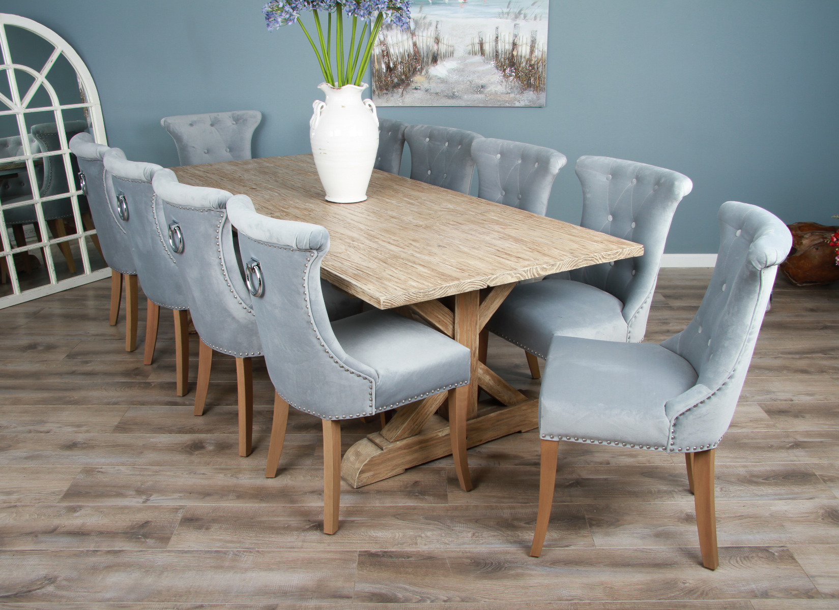2.4m Reclaimed Pine Cross Dining Table with 10 Windsor Ring Back Chairs