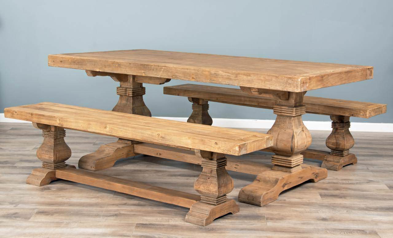 2m Reclaimed Elm Pedestal Dining Table with 2 Backless Benches