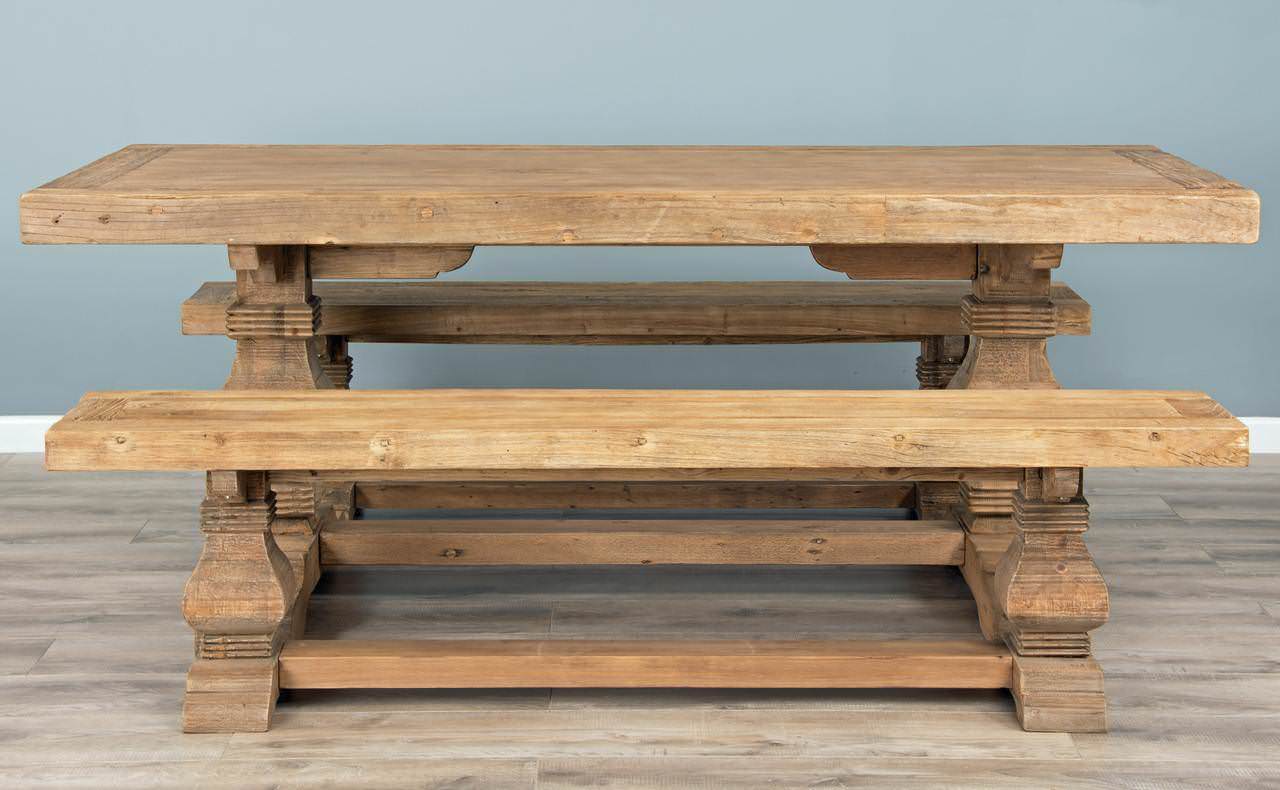 2m Reclaimed Elm Pedestal Dining Table with 2 Backless Benches