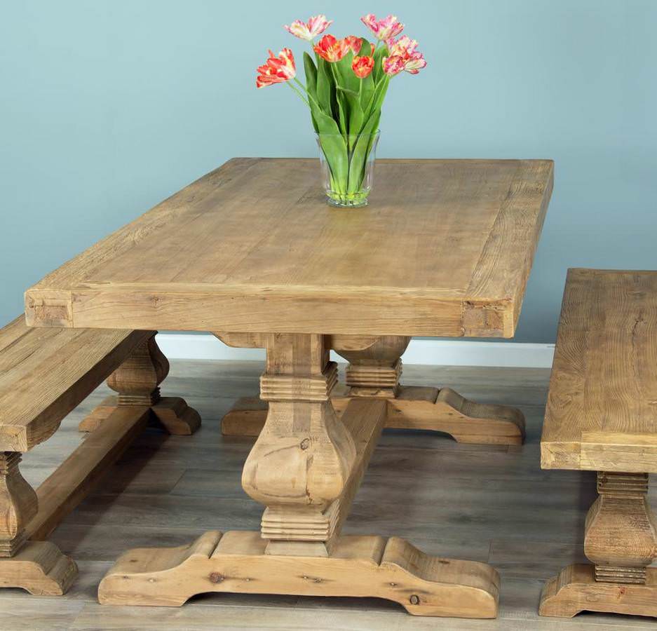 2m Reclaimed Elm Pedestal Dining Table with 2 Backless Benches