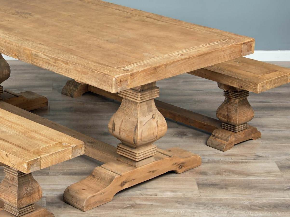 2m Reclaimed Elm Pedestal Dining Table with 2 Backless Benches
