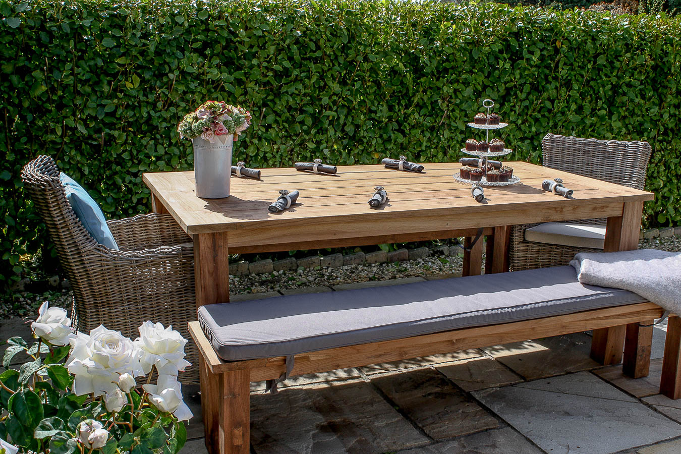 2m Reclaimed Teak Open Slatted Garden Table with Bench and Donna Chairs