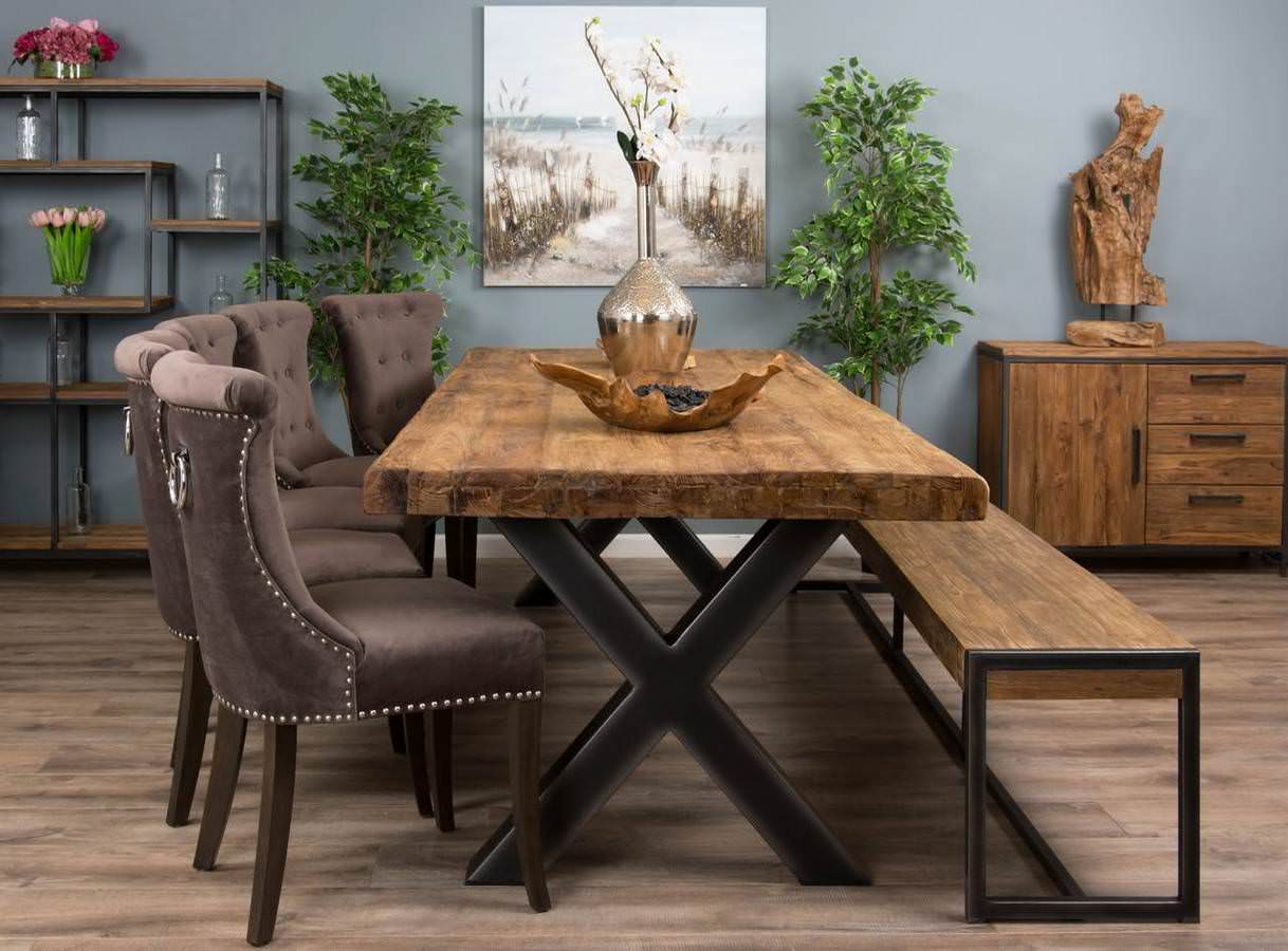 3m Reclaimed Teak Urban Fusion Cross Dining Table with 1 Backless Bench and 5 Velveteen Ring Back Dining Chairs