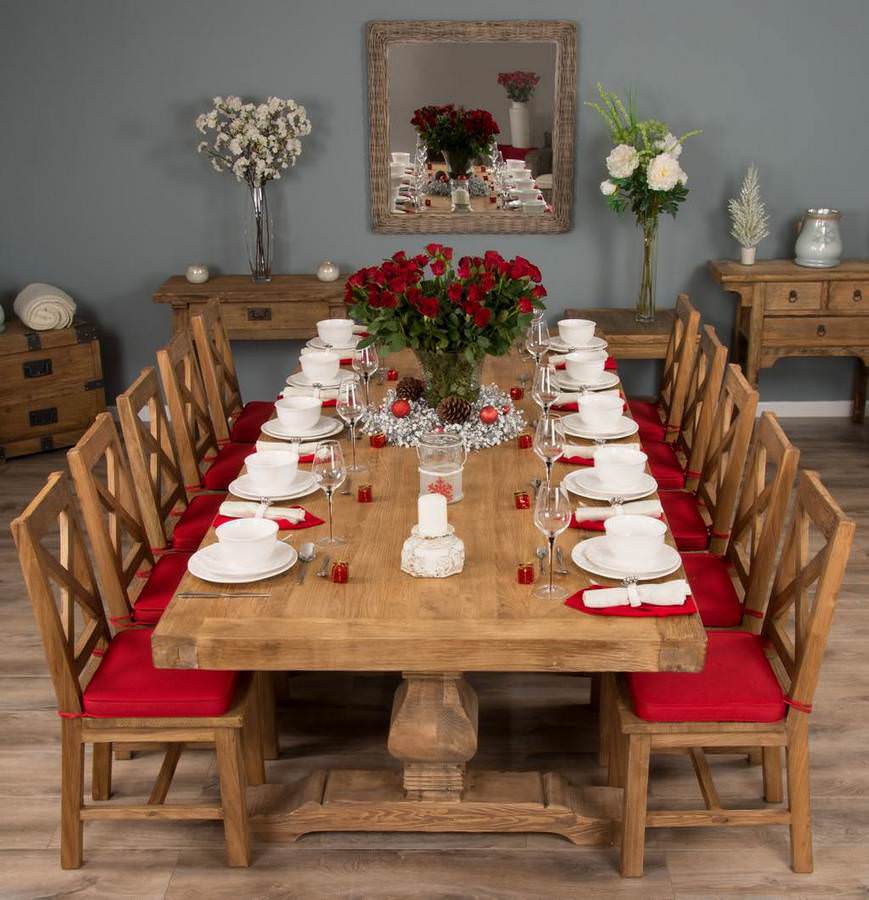 3m Reclaimed Elm Pedestal Dining Table with 10 Elm Cross Back Dining Chairs