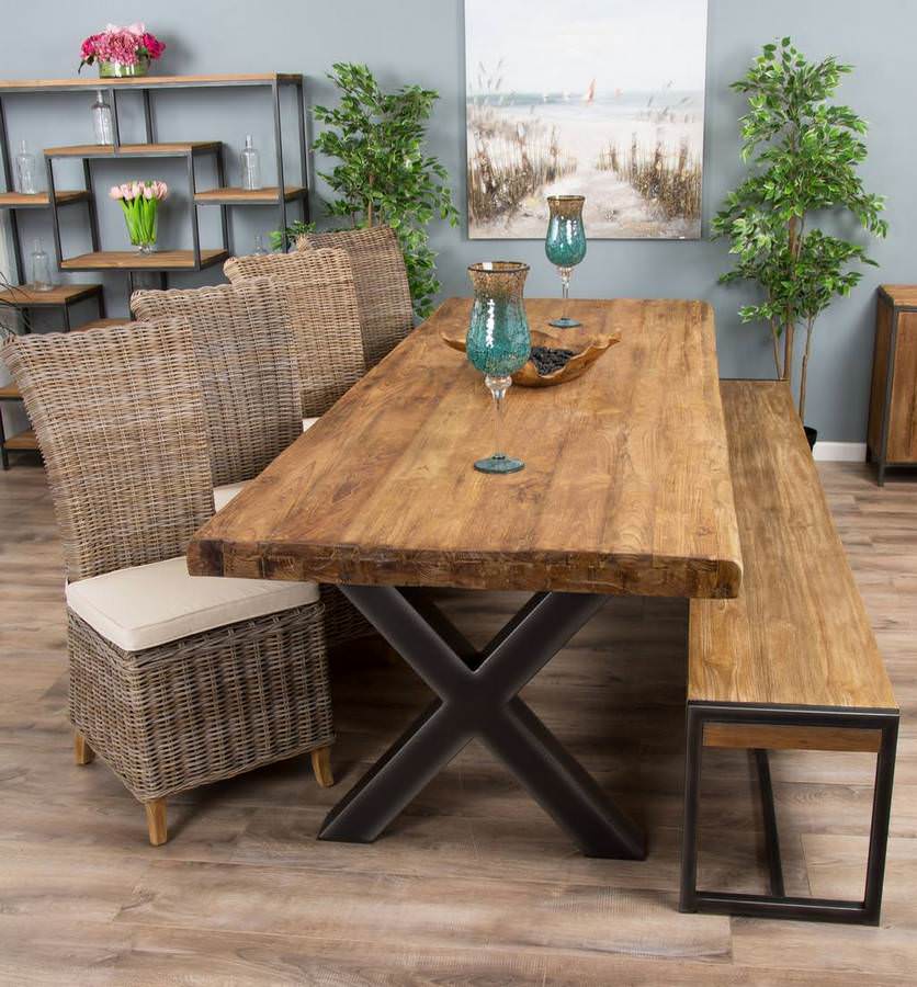 3m Reclaimed Teak Urban Fusion Cross Dining Table with 1 Backless Bench and 4 Latifa Dining Chairs