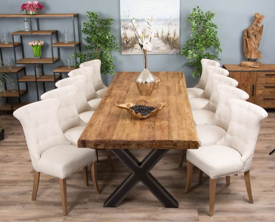 3m Reclaimed Teak Urban Fusion Cross Dining Table with 10 Windsor