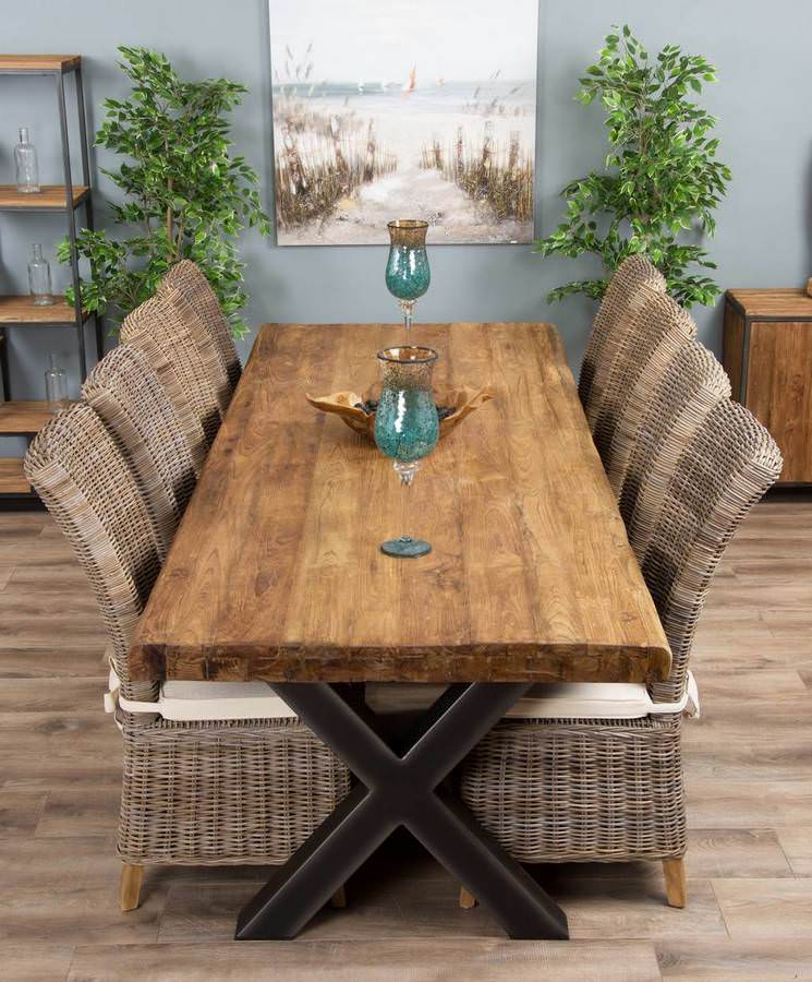3m Reclaimed Teak Urban Fusion Cross Dining Table with 8 Latifa