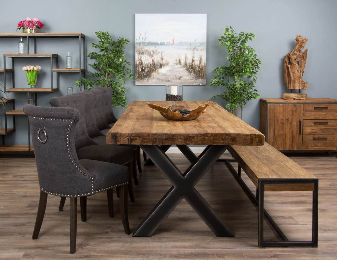 3m Reclaimed Teak Urban Fusion Cross Dining Table with 1 Backless
