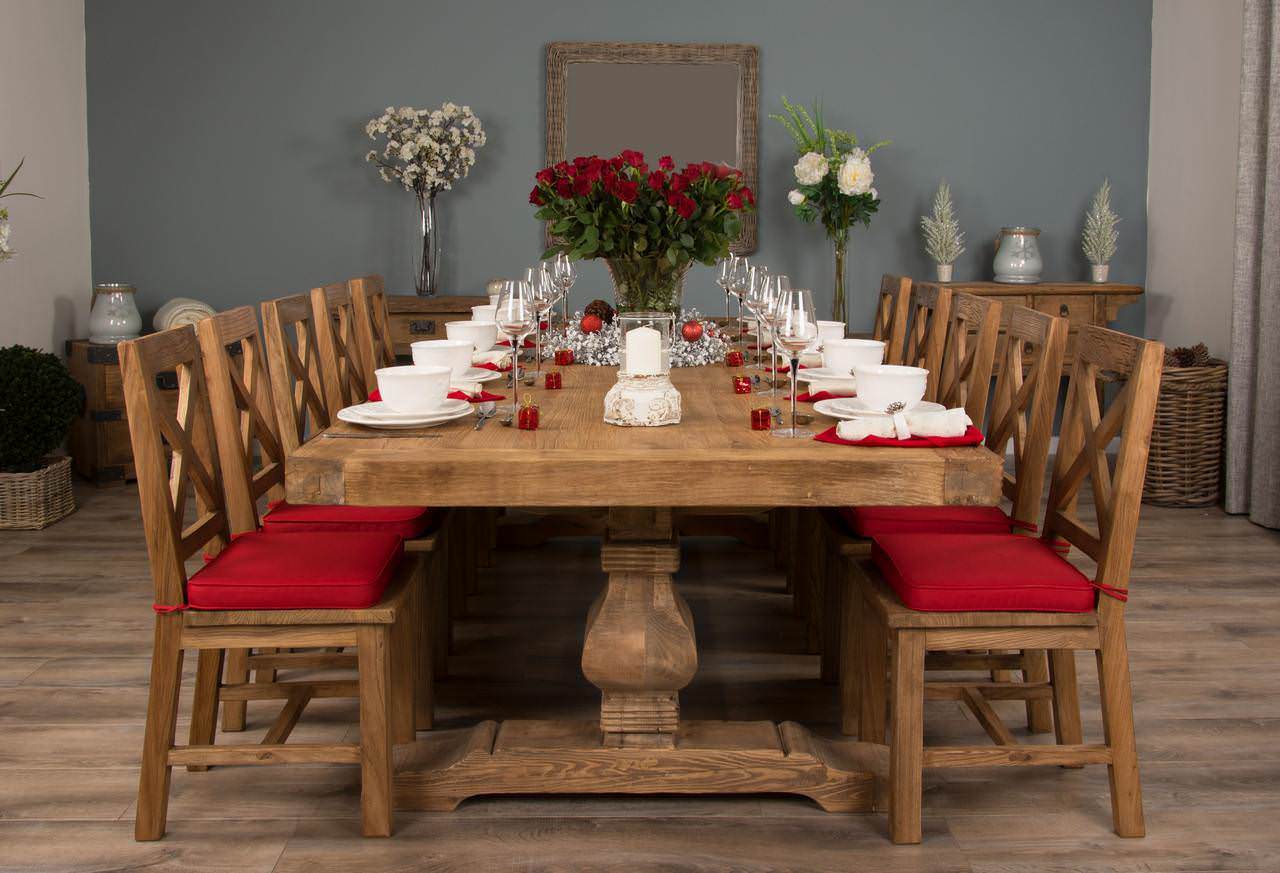 3m Reclaimed Elm Pedestal Dining Table with 10 Elm Cross Back Dining
