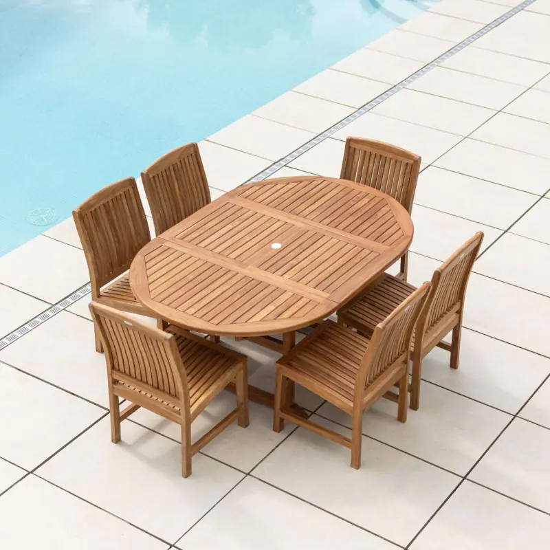1.2m x 1.2m - 1.8m Teak Circular Extending Table with 6 Marley Chairs / Armchairs