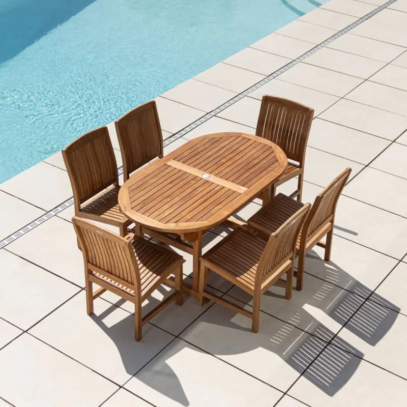 1.6m Teak Oval Pedestal Table with 6 Marley chairs