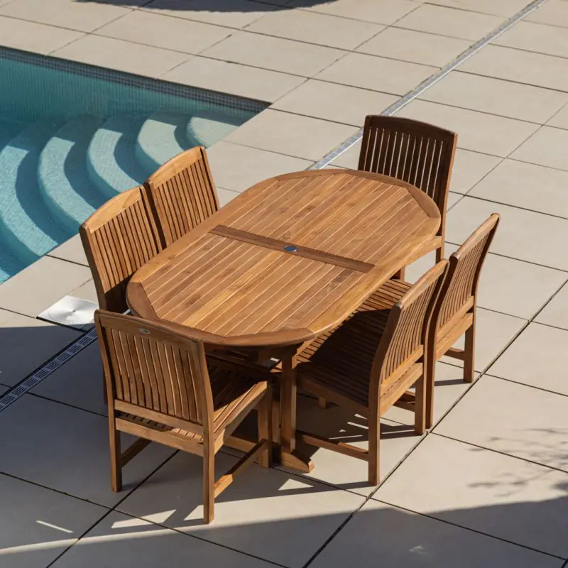 1.9m Teak Oval Pedestal Table with 6 Marley Chairs