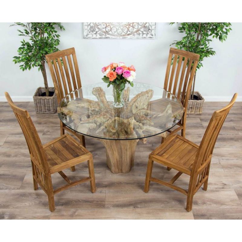 1.2m Reclaimed Teak Flute Root Circular Dining Table with 4 or 6 Santos Dining Chairs 