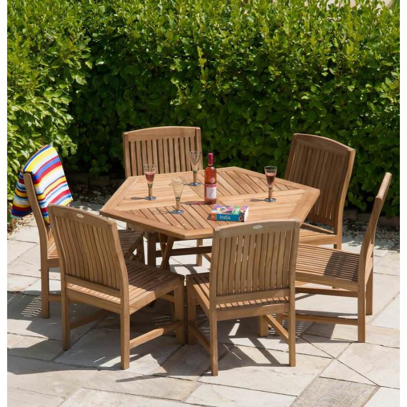 1.2m Teak Hexagonal Folding Table with 6 Marley Chairs - With or Without Arms