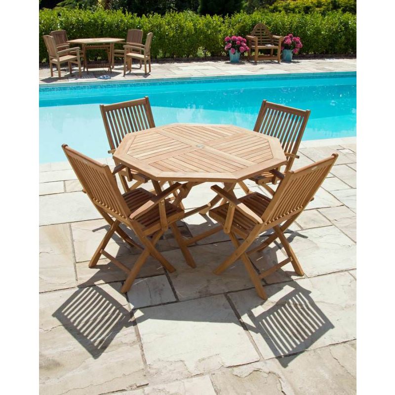 1.2m Teak Octagonal Folding Table with 4 Kiffa Folding Chairs - With or Without Arms