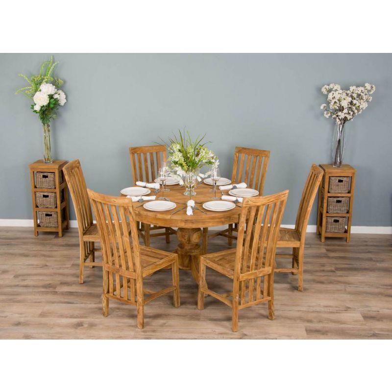 1.2m Reclaimed Teak Circular Pedestal Dining Table With 6 Santos Dining Chairs