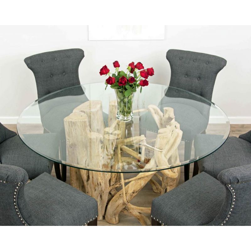 1.5m Java Root Circular Dining Table with 6 Dove Grey Windsor Ring Back Dining Chairs 