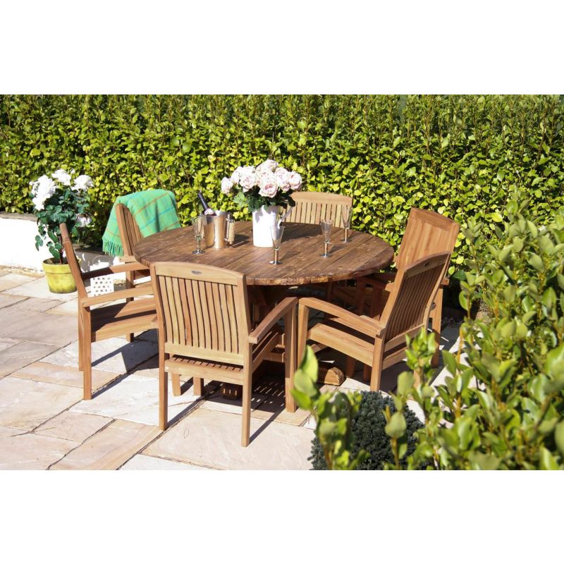 1.5m Reclaimed Teak Outdoor Open Slatted Dartmouth Table with 6 Marley Armchairs