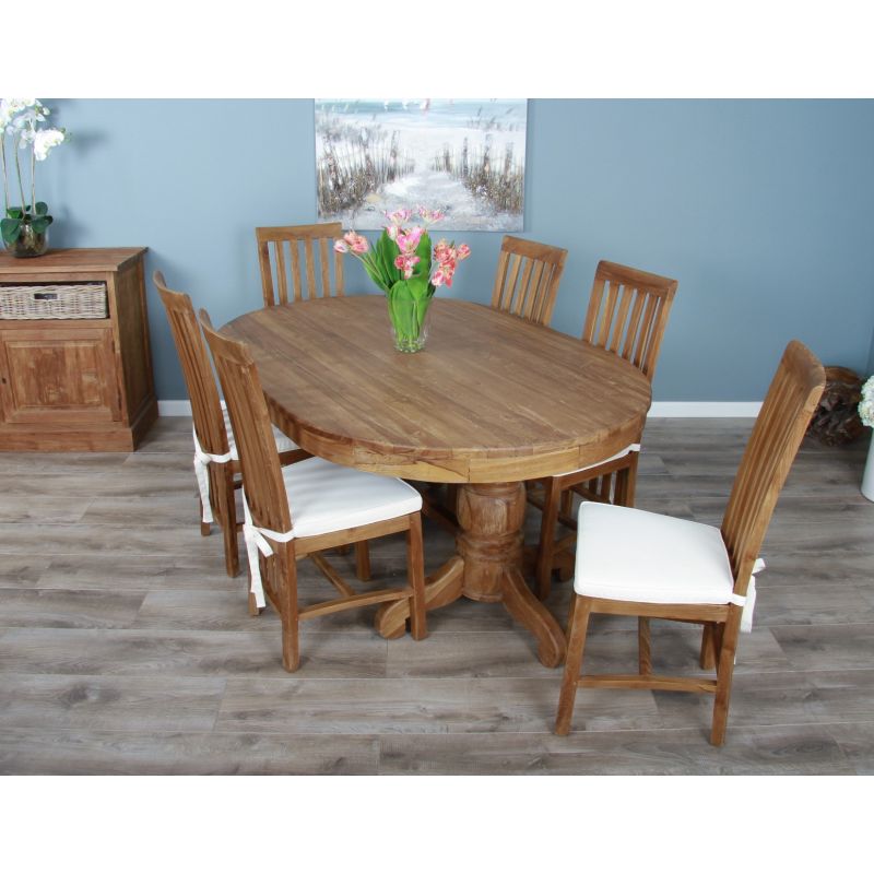 1.8m Reclaimed Teak Oval Pedestal Dining Table with 6 or 8 Santos Chairs