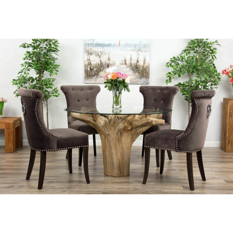 1.2m Reclaimed Teak Flute Root Circular Dining Table with 4 Windsor Ring Back Dining Chairs 