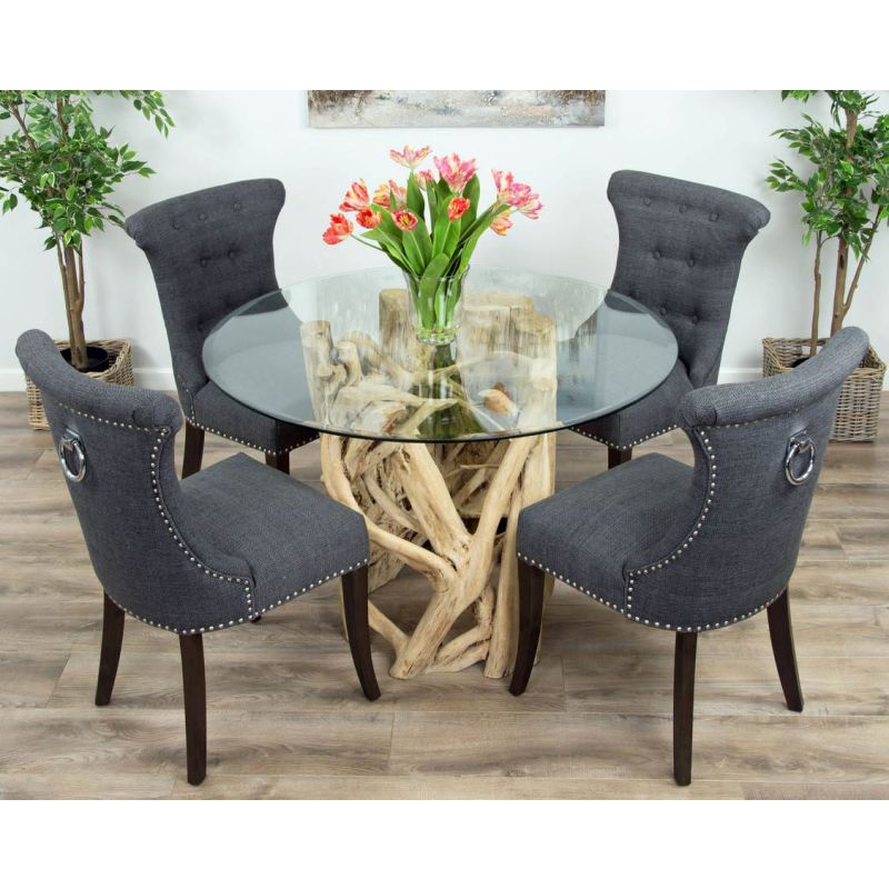 1.2m Java Root Circular Dining Table with 4 or 6 Dove Grey Windsor Ring Back Chairs 