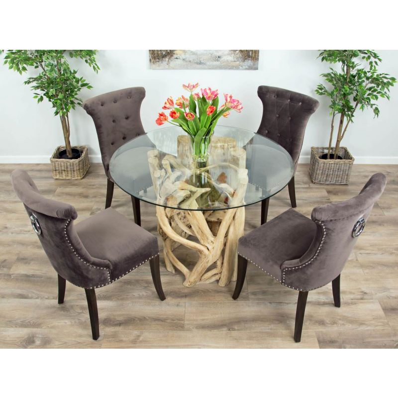 1.2m Java Root Circular Dining Table with 4 or 6 Velveteen Ring Back Dining Chairs 