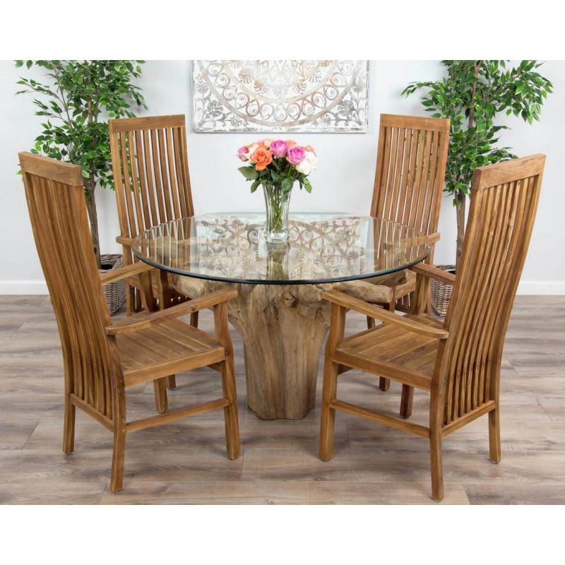 1.2m Reclaimed Teak Flute Root Circular Dining Table with 4 Vikka Armchairs