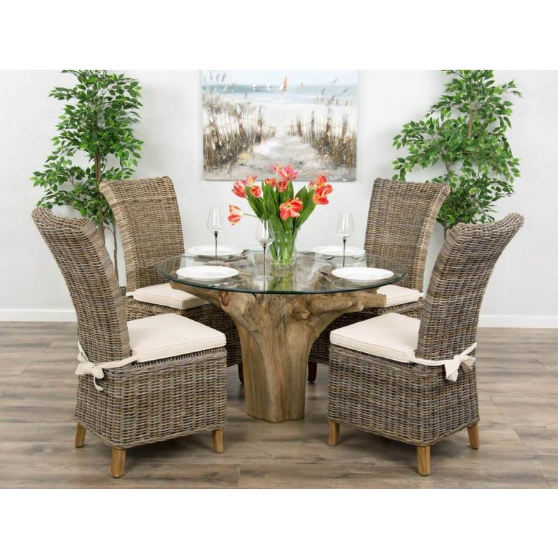 1.2m Reclaimed Teak Flute Root Circular Dining Table with 4 Latifa Dining Chairs