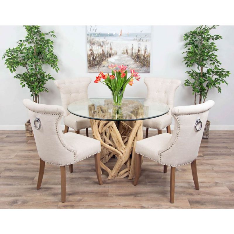 1.2m Java Root Circular Dining Table with 4 or 6 Natural Windsor Ring Back Dining Chairs 