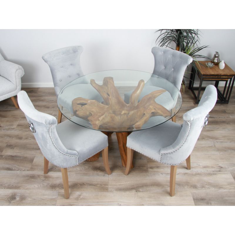 1.2m Reclaimed Teak Root Circular Dining Table with 4 Windsor Ring Back Dining Chairs