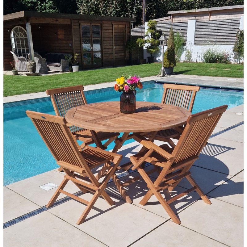 1.2m Teak Circular Folding Table with 2 Classic Folding Chairs & 2 Armchairs