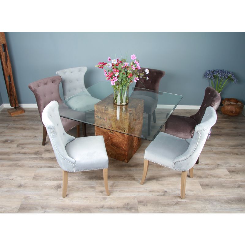 1.4m Reclaimed Teak Root Square Block Dining Table With 6 Windsor Chairs