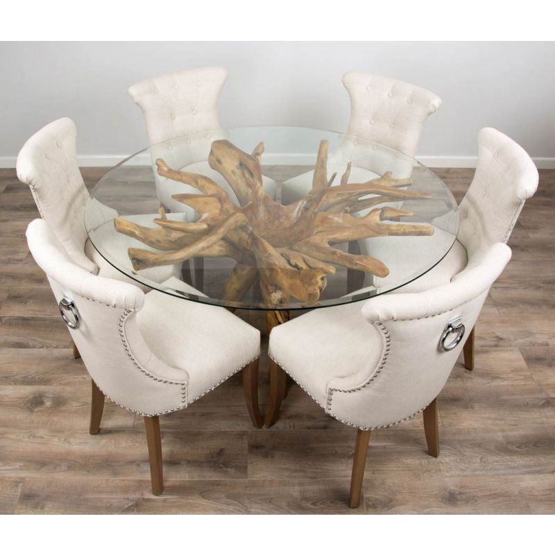 1.5m Reclaimed Teak Root Circular Dining Table with 6 Natural Windsor Ring Back Dining Chairs